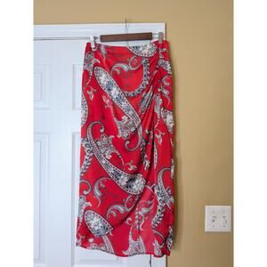Cache Paisley Wrap Maxi Skirt Size S Asymmetrical Draped Silk Look Red Y2K Glam